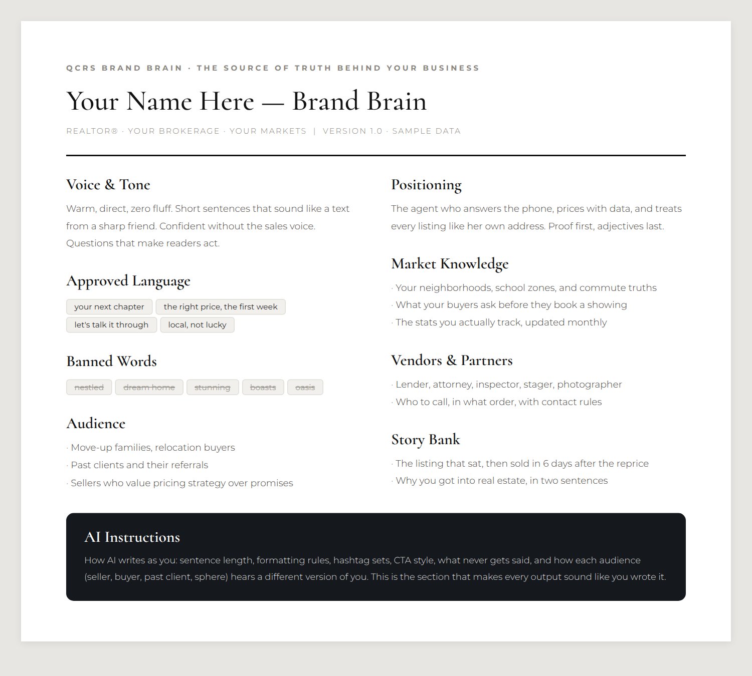 A QCRS Brand Brain document shown with sample data: voice and tone, approved and banned language, audience, market knowledge, and AI instructions