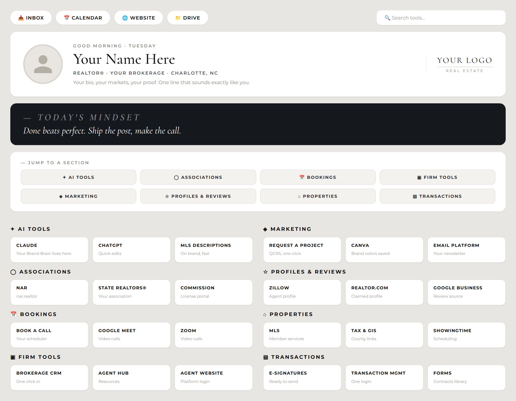 The QCRS Command Center dashboard shown with sample data: quick links, tools, profiles, and projects on one branded home screen
